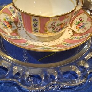 Elegant Pink and Gold Floral Teacup and Saucer Set Champagne Glasses Tea Pot